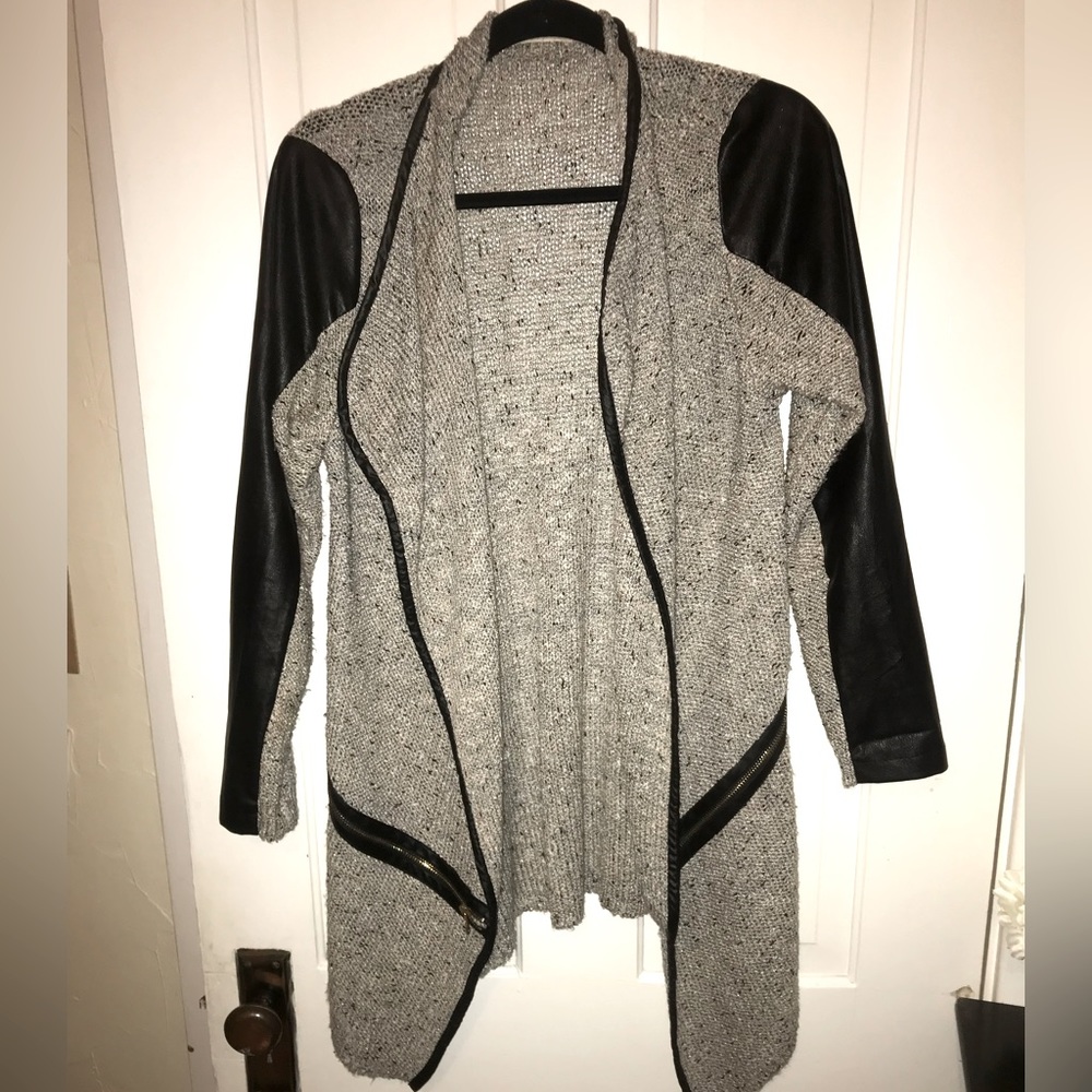 Grey/silver cardigan with black faux leather